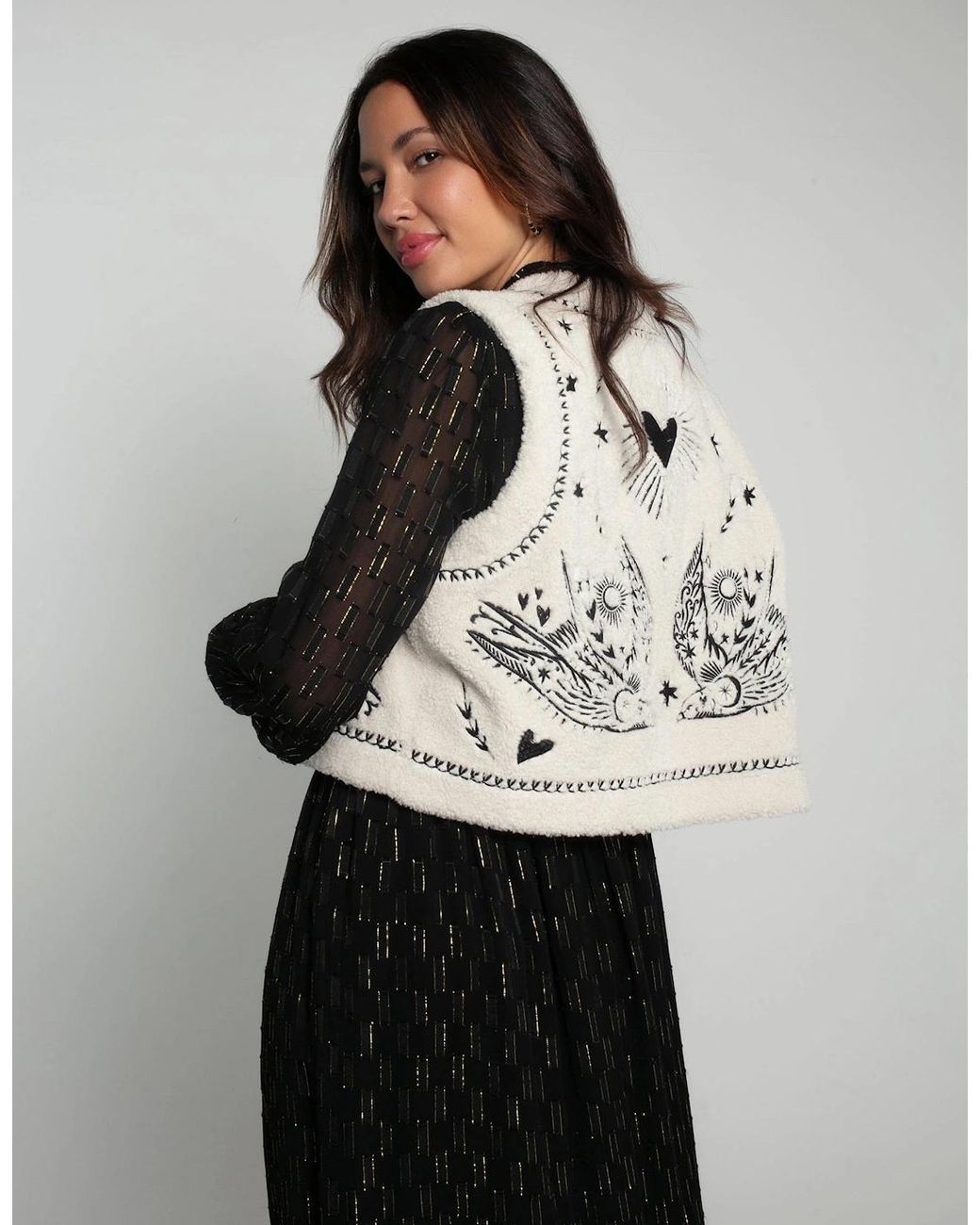 Nooki Design Blue Free Bird Embroidered Faux Shearling Gilet Cream