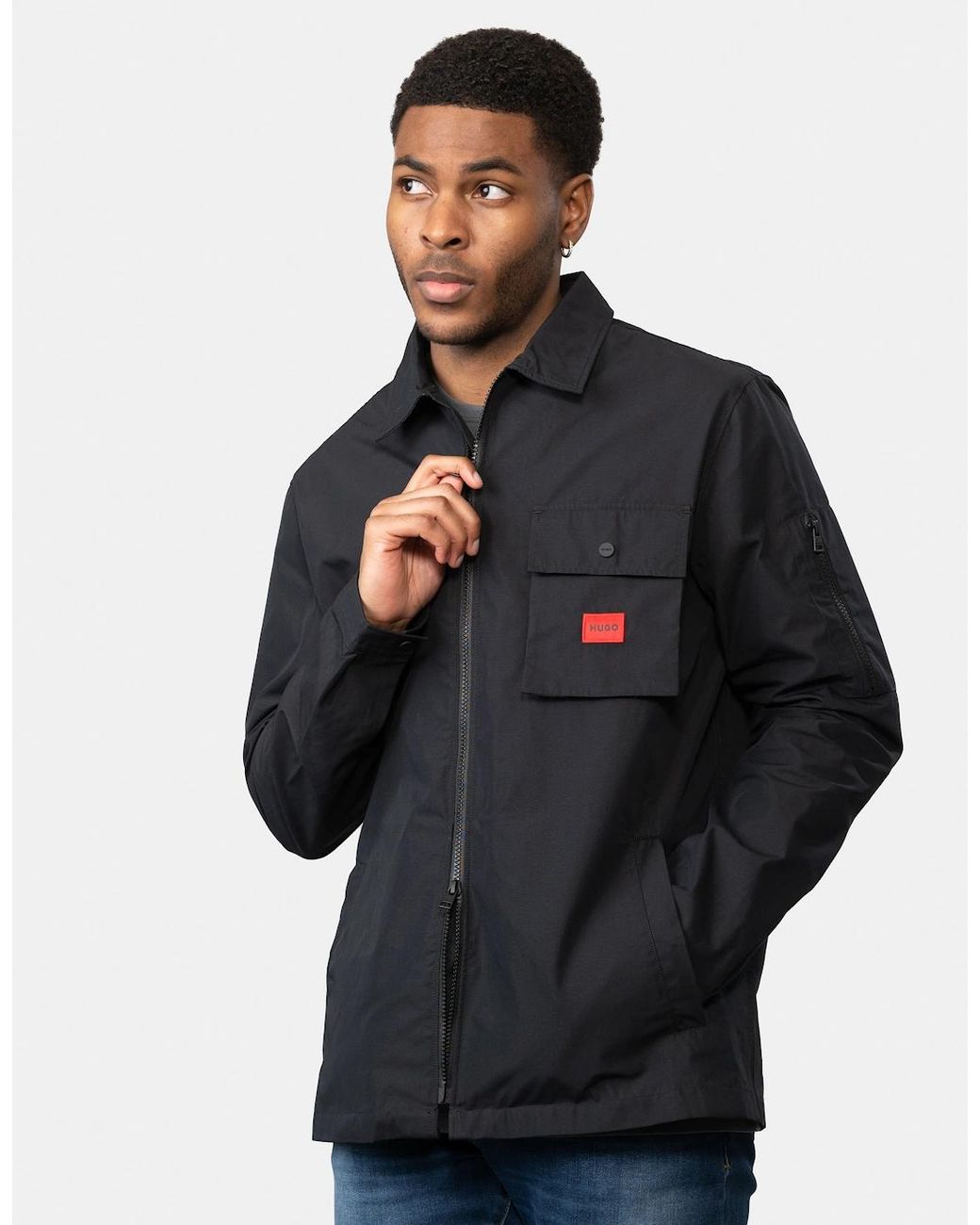 Boss Blue Hugo Emmond Zip Overshirt With Logo Label for men