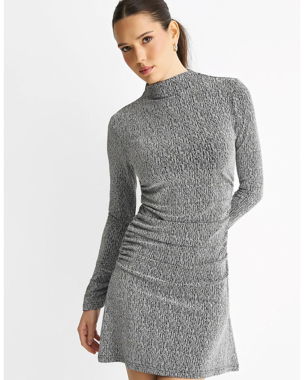 Gini London Gray High Neck Stud Hot Fix Stretchy Mini Dress
