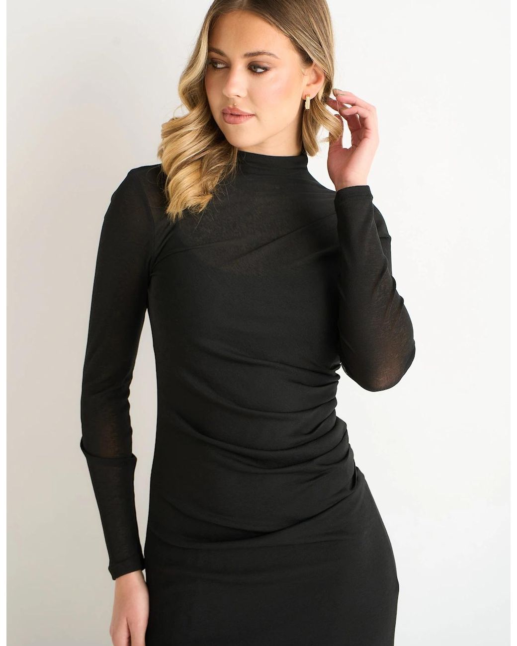 Gini London Black Ruched Jersey Long Sleeve Midi Dress