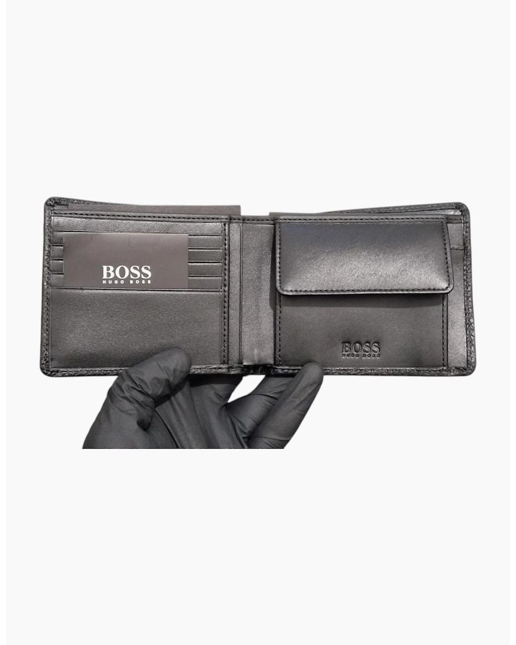 Boss Black Genuine Leather Wallet Moneme Bifold Credit Card Holder for men