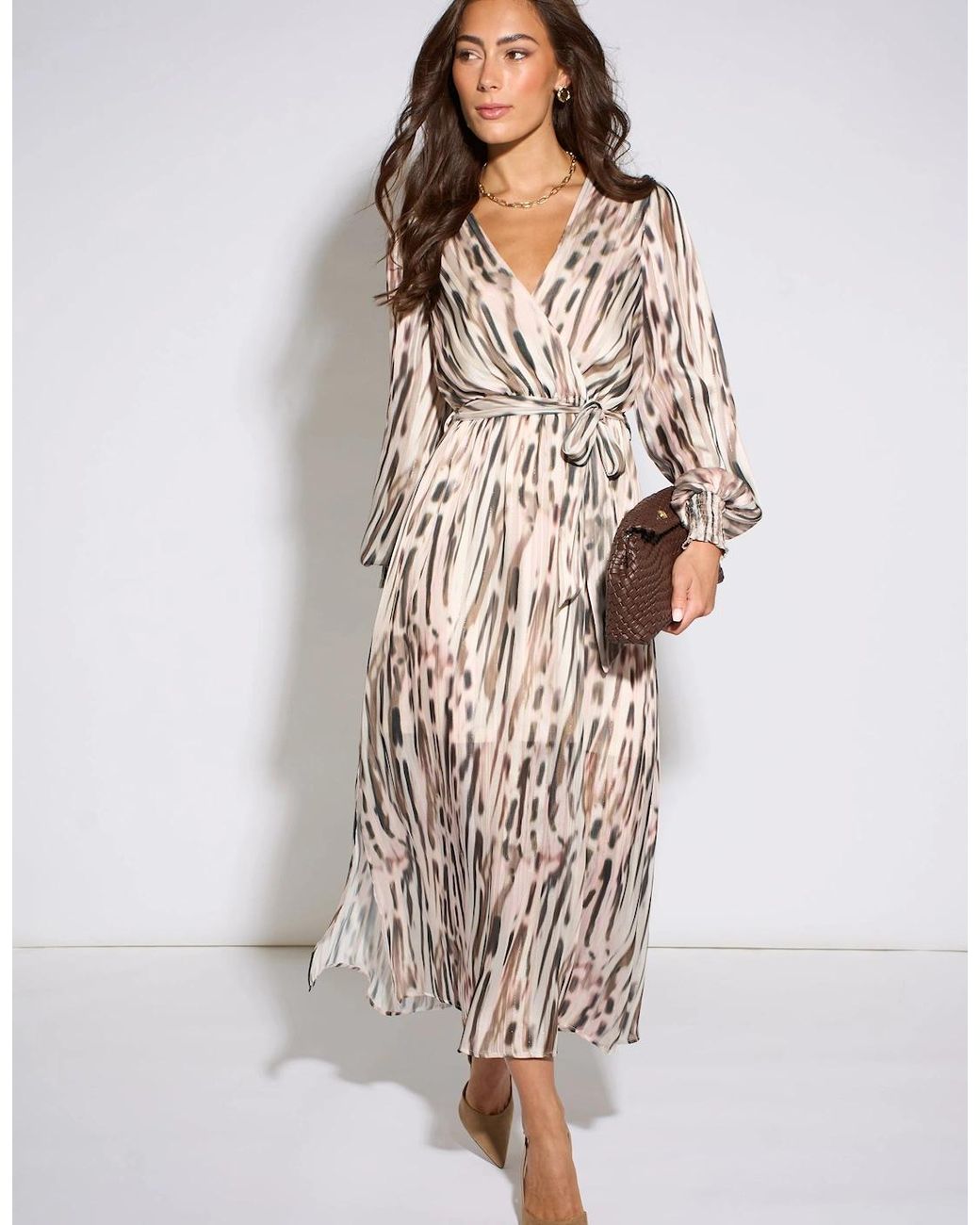Gini London Natural Off Animal Print Sparkle Wrap Front Midi Dress