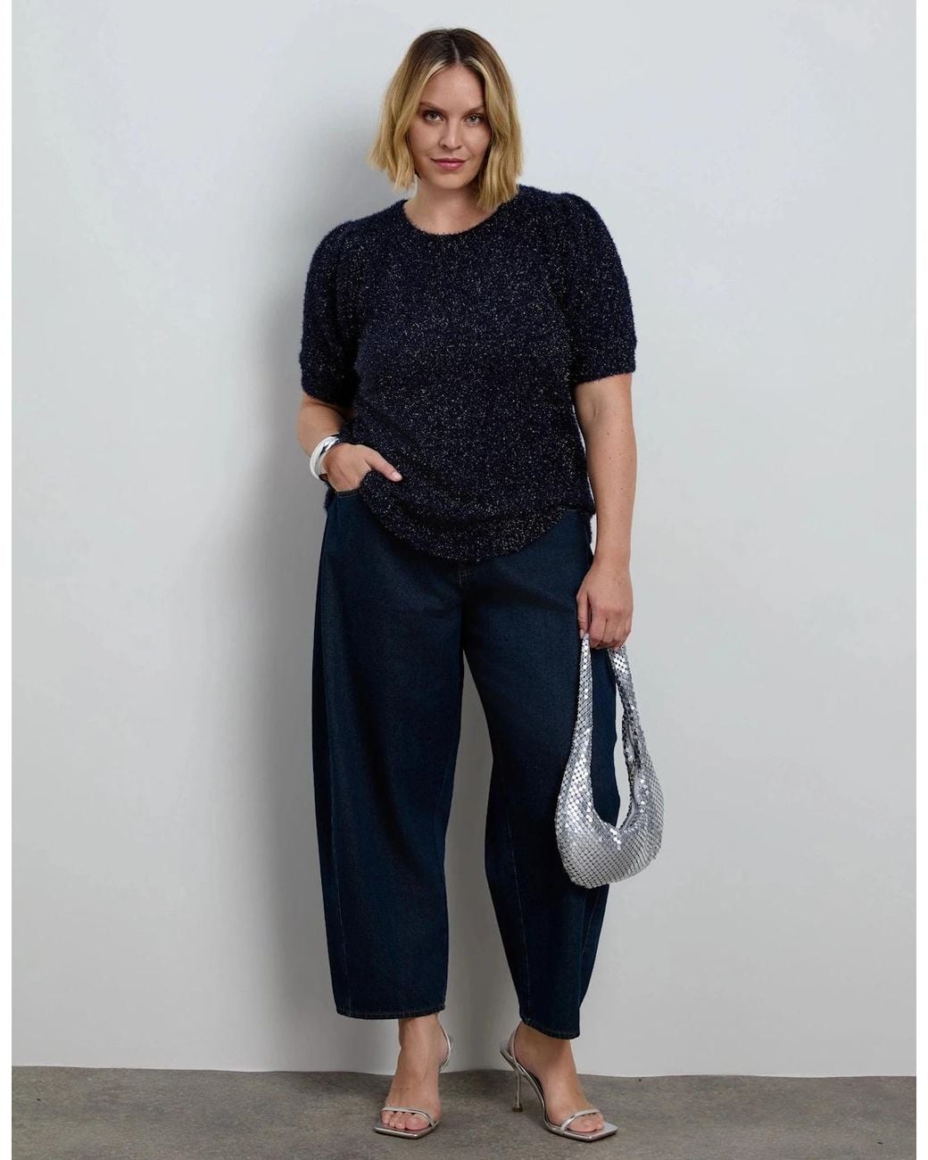 Live Unlimited London Blue Sparkle Knitted Short Sleeve Jumper