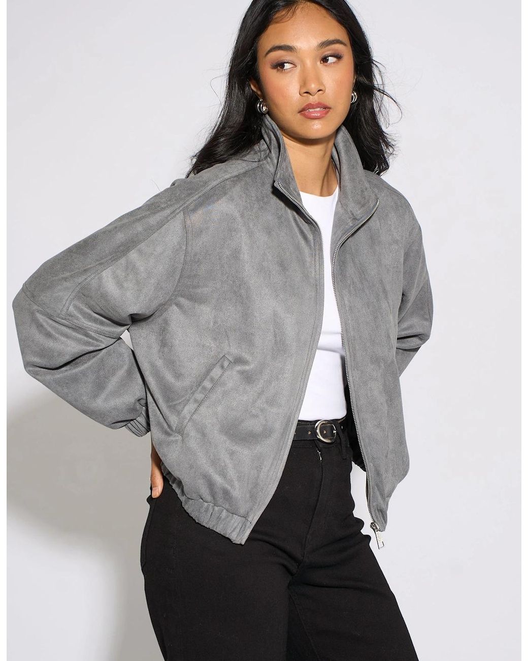 Gini London Gray Faux Suede Funnel Neck Bomber Jacket