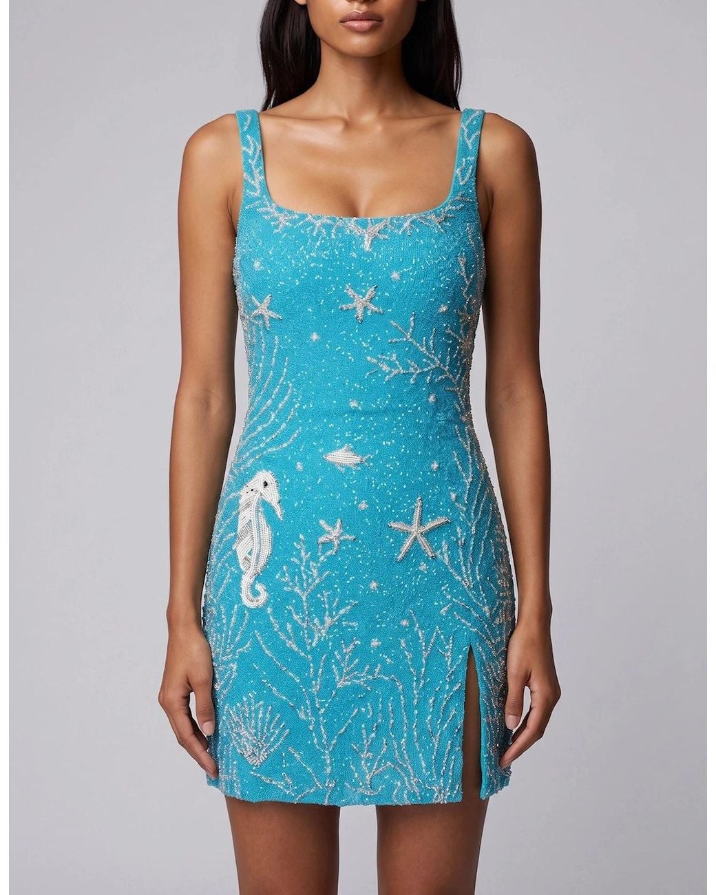Oceanus Blue Azure Reef Hand-Beaded Mini Dress