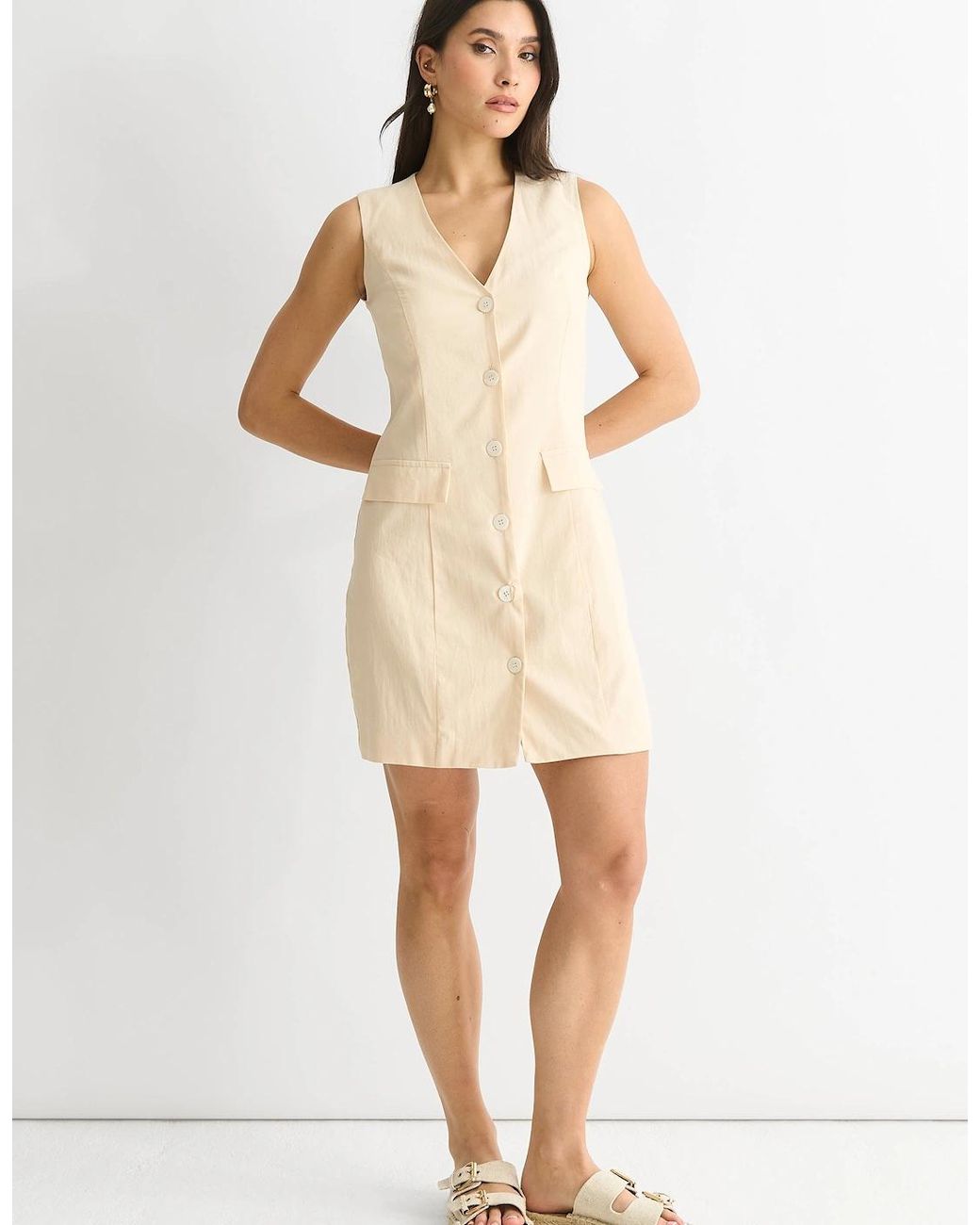 Gini London Brown Linen Button Through Mini Shirt Dress