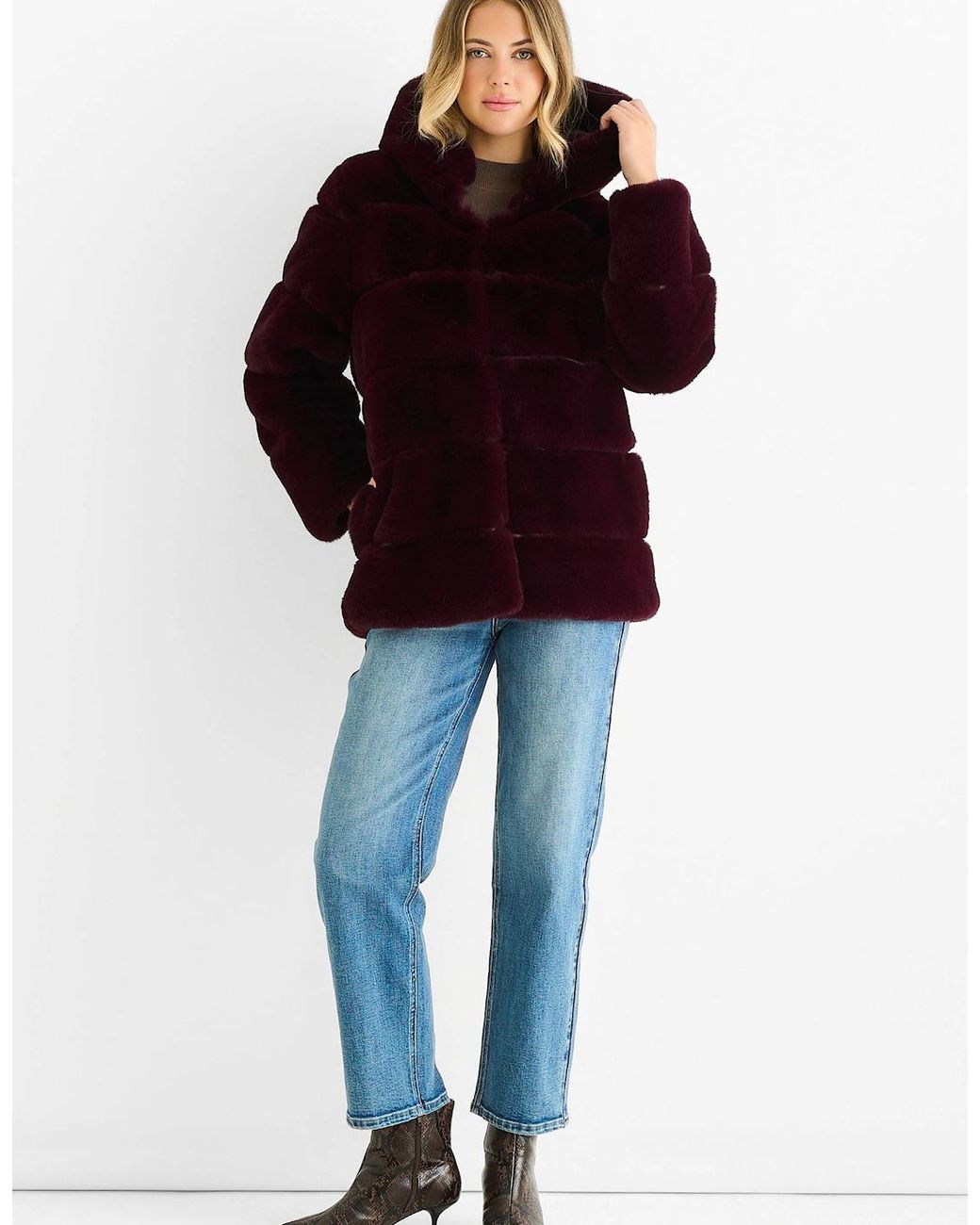 Gini London Red Dark Burgundy Horizontal Cut Fur Hooded Jacket