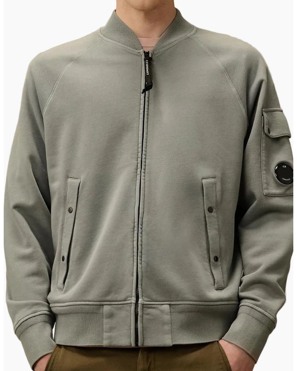 C P Company Gray Diagonal Fleece Resist Dyed Zipped Lens Sweatshirt for men