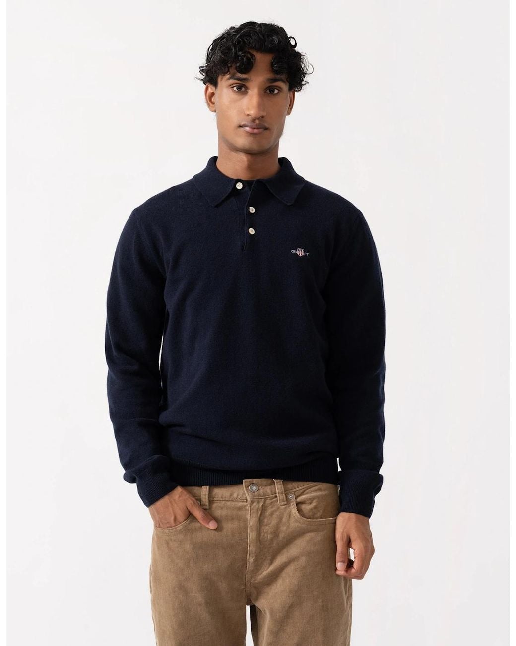 Gant Blue Superfine Lambswool Long Sleeve Polo for men