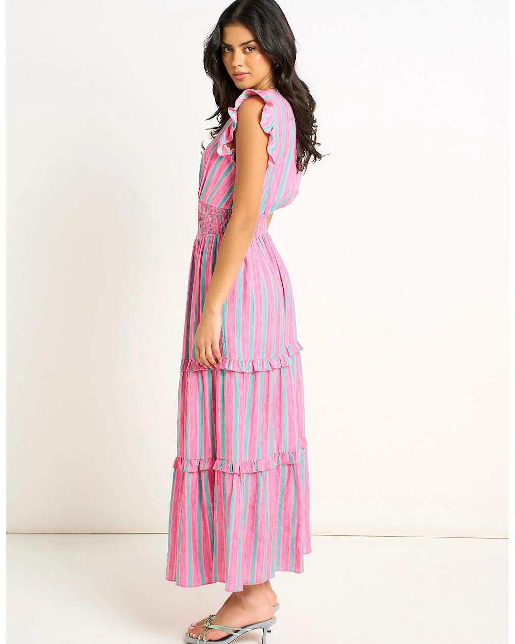 Gini London Pink Summer Stripe Shirred Waist Maxi Dress