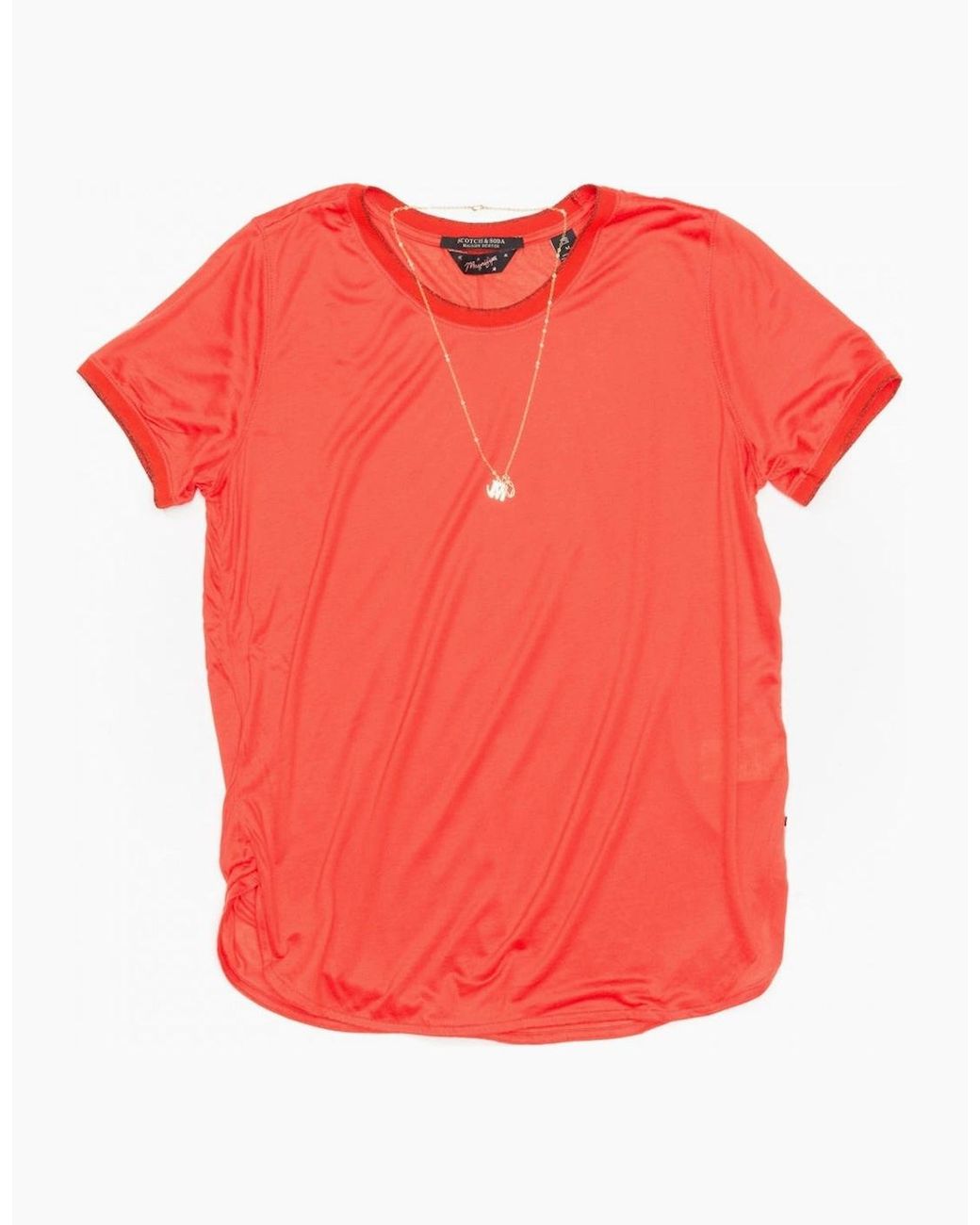 Maison Scotch Red Short Sleeve Lurex Rib Detailed Tee