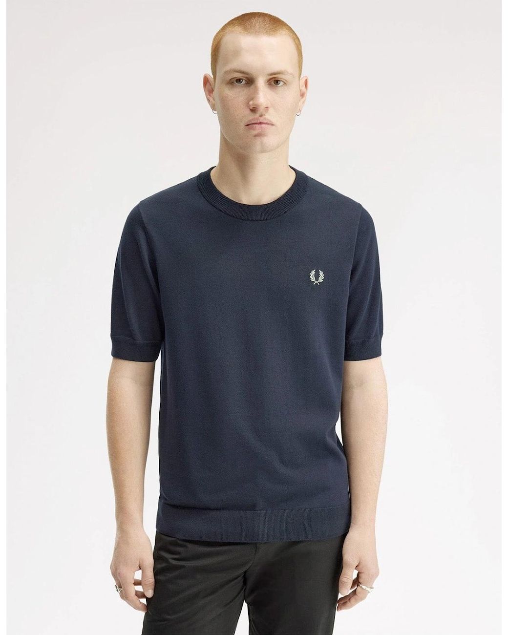 Fred Perry Blue Cotton Knitted T-Shirt for men
