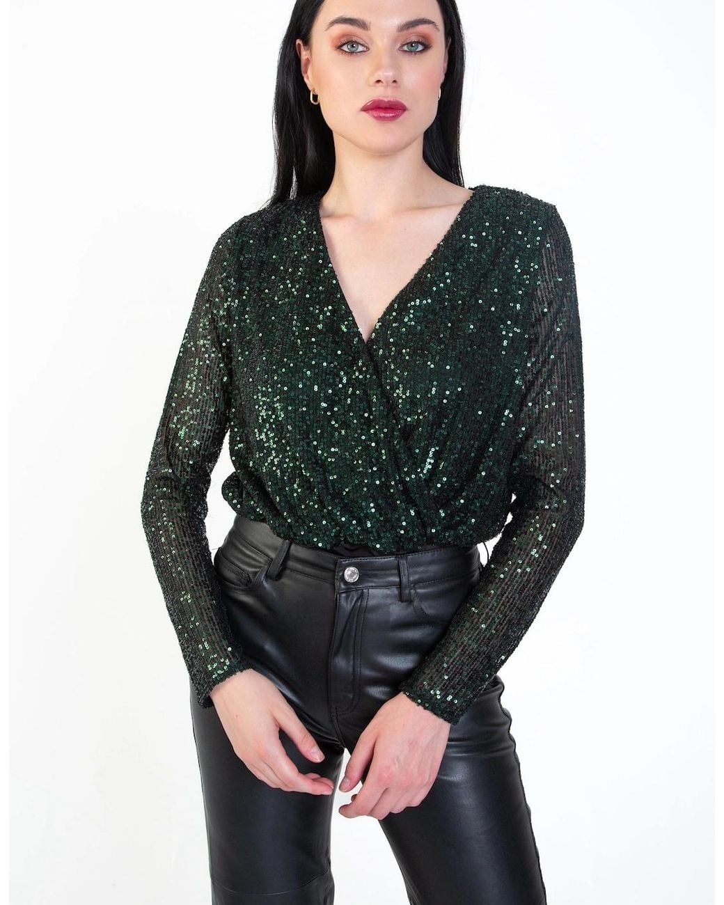 Gini London Black Sequin Wrap Long Sleeves Bodysuit