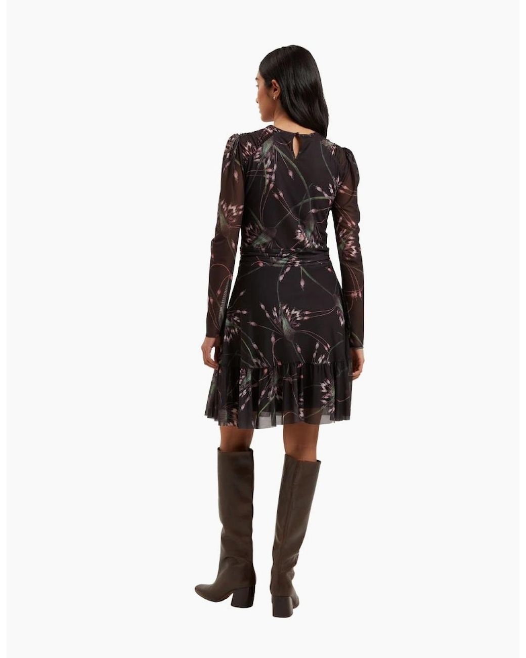 Ted Baker Black Sannde Gathered Shoulder Mesh Mini Dress