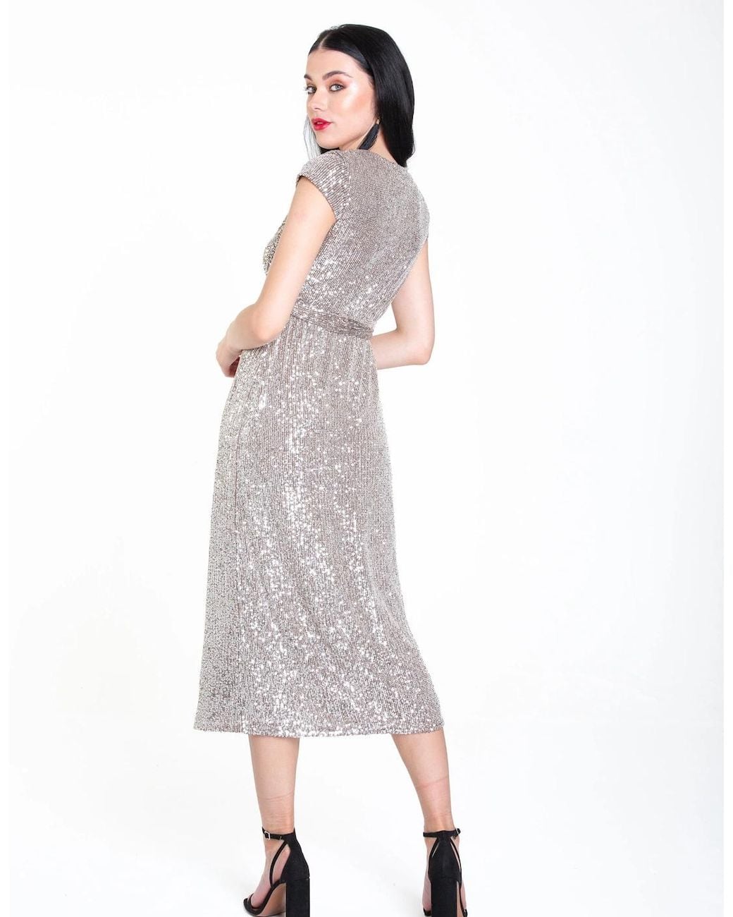 Gini London White Gun Metal Sequin Belted Midi Wrap Dress