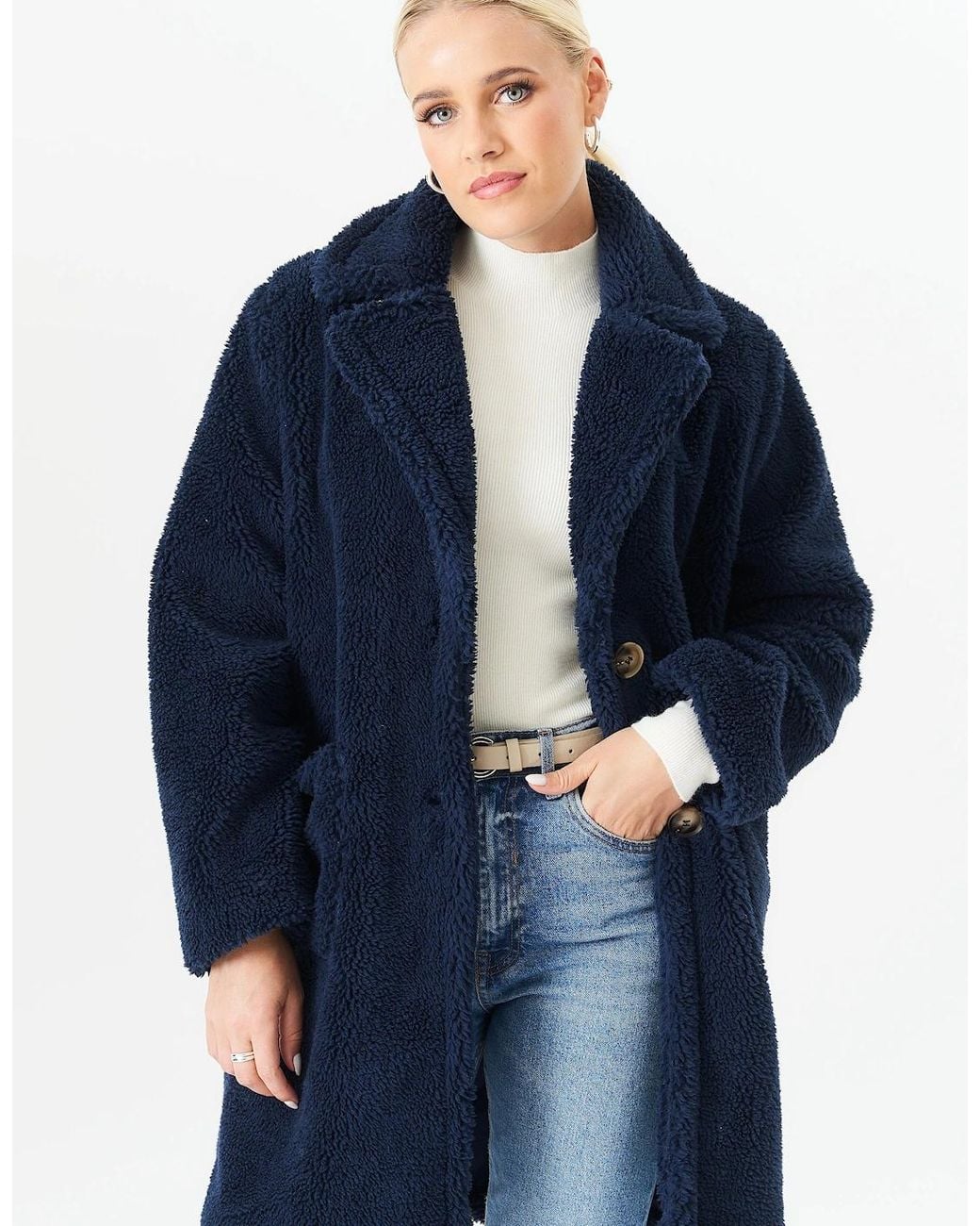 Gini London Blue Faux Fur Longline Teddy Overcoat