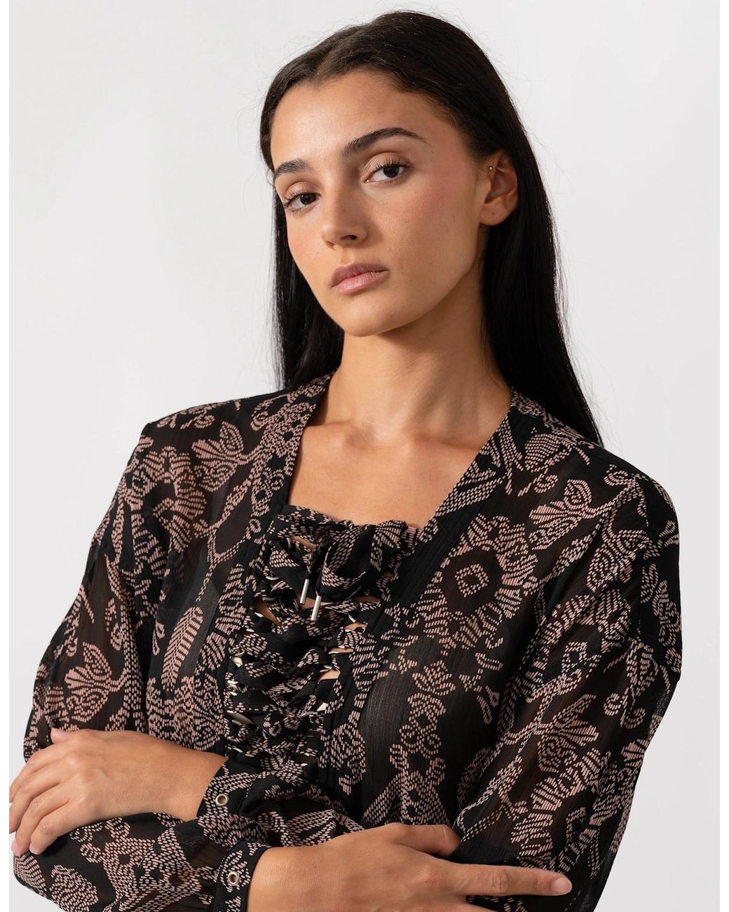 Maison Scotch Black Printed Sheer Lace Up Oversized Dress