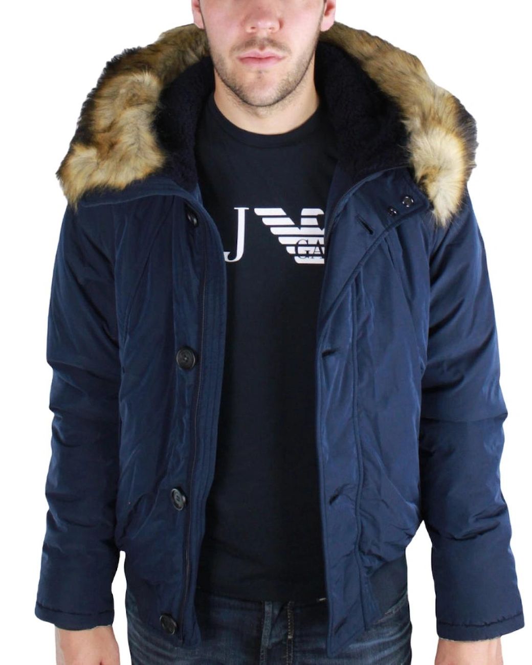 Armani Jeans Fur Trimmed Hood Jacket in Blue for Men | Lyst UK