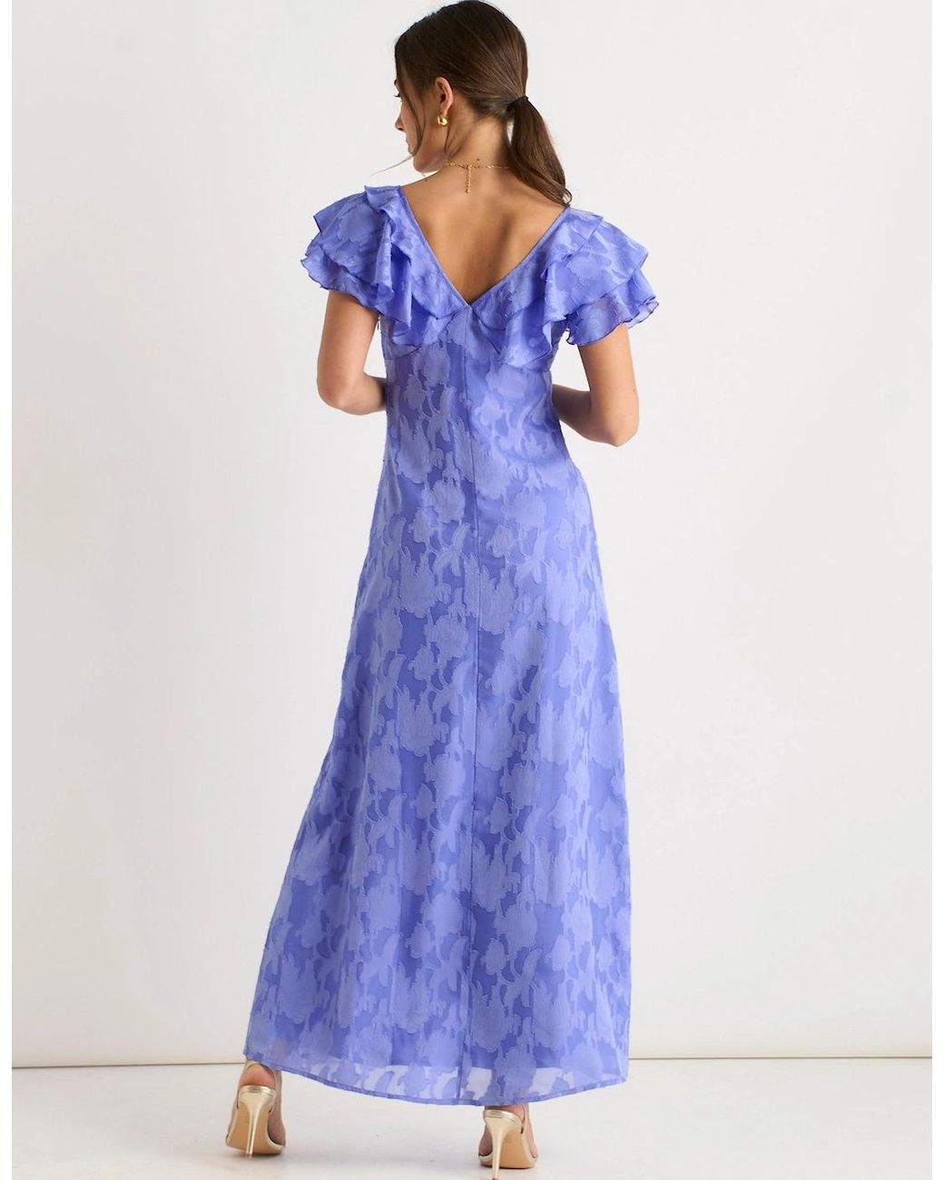 Gini London Blue Satin Jacquard Ruffle Maxi Dress