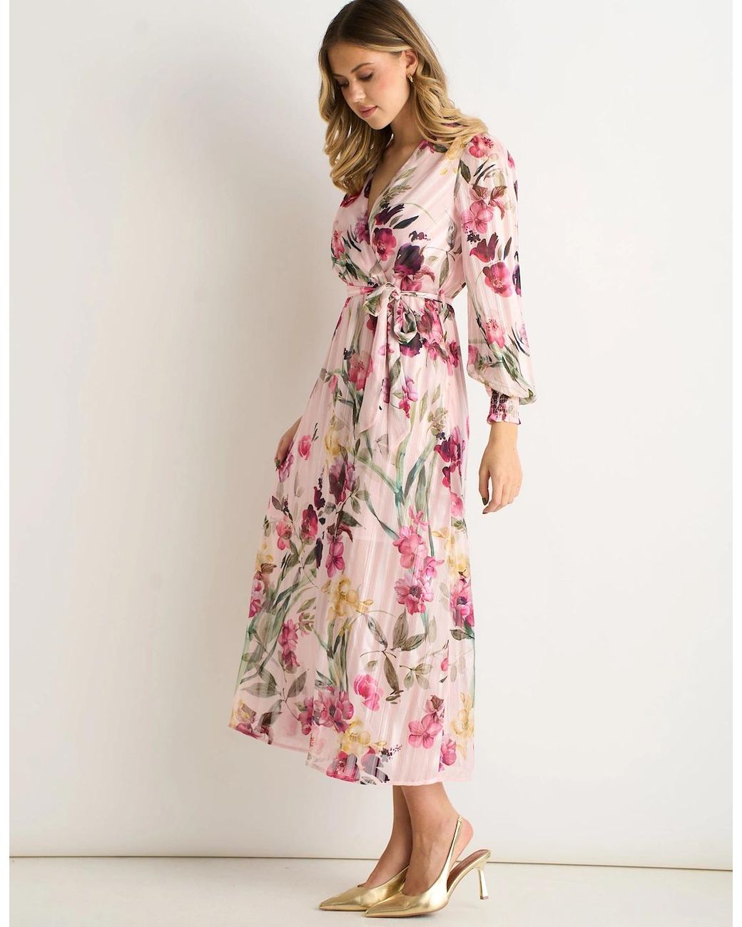 Gini London Pink Floral Print Sparkle Chiffon Wrap Midi Dress