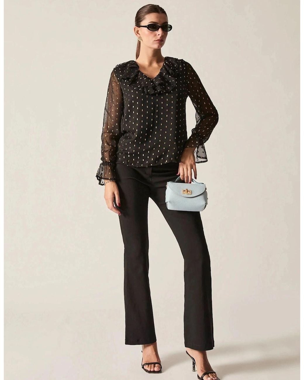 James Lakeland Black Metallic Ruffle Blouse