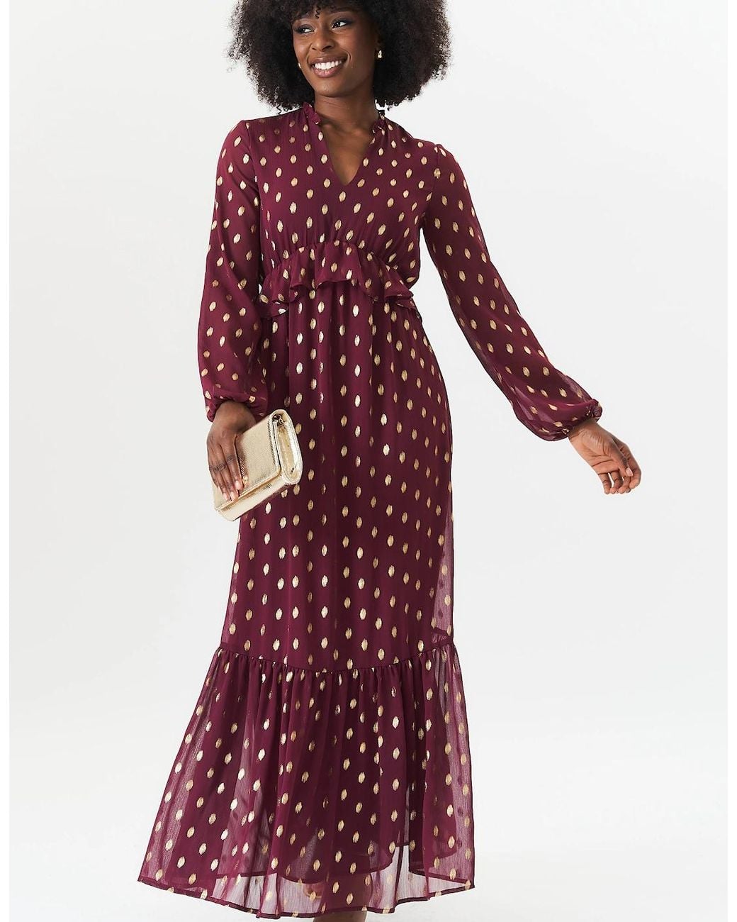 Gini London Purple Burgundy Foil Print Ruffle Midi Dress