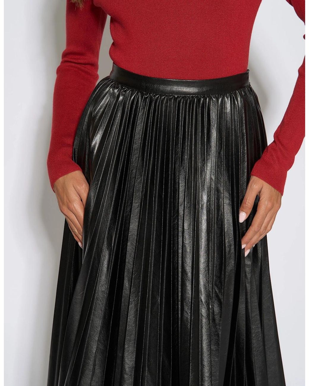 Gini London Black Pleated Faux Leather Midi Skirt