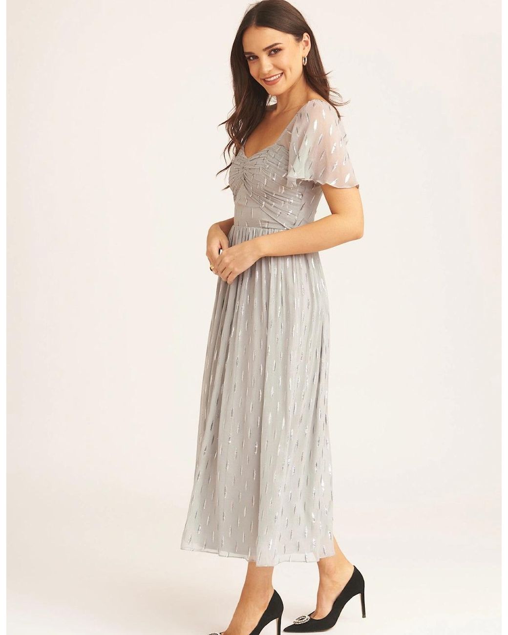 Gini London Natural Jacquard Metallic Angel Sleeves Midi Dress