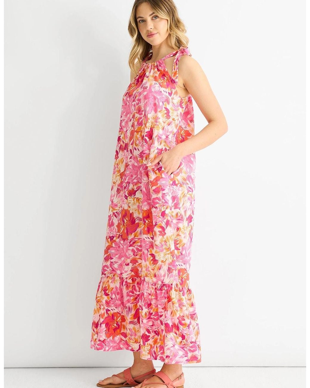 Gini London Pink Floral Tie Straps Trapeze Dress