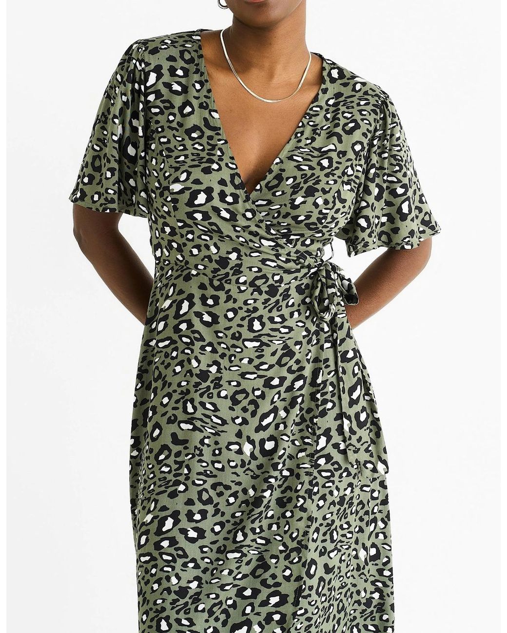 Gini London Green Khaki Animal Print Viscose Wrap Midi Dress