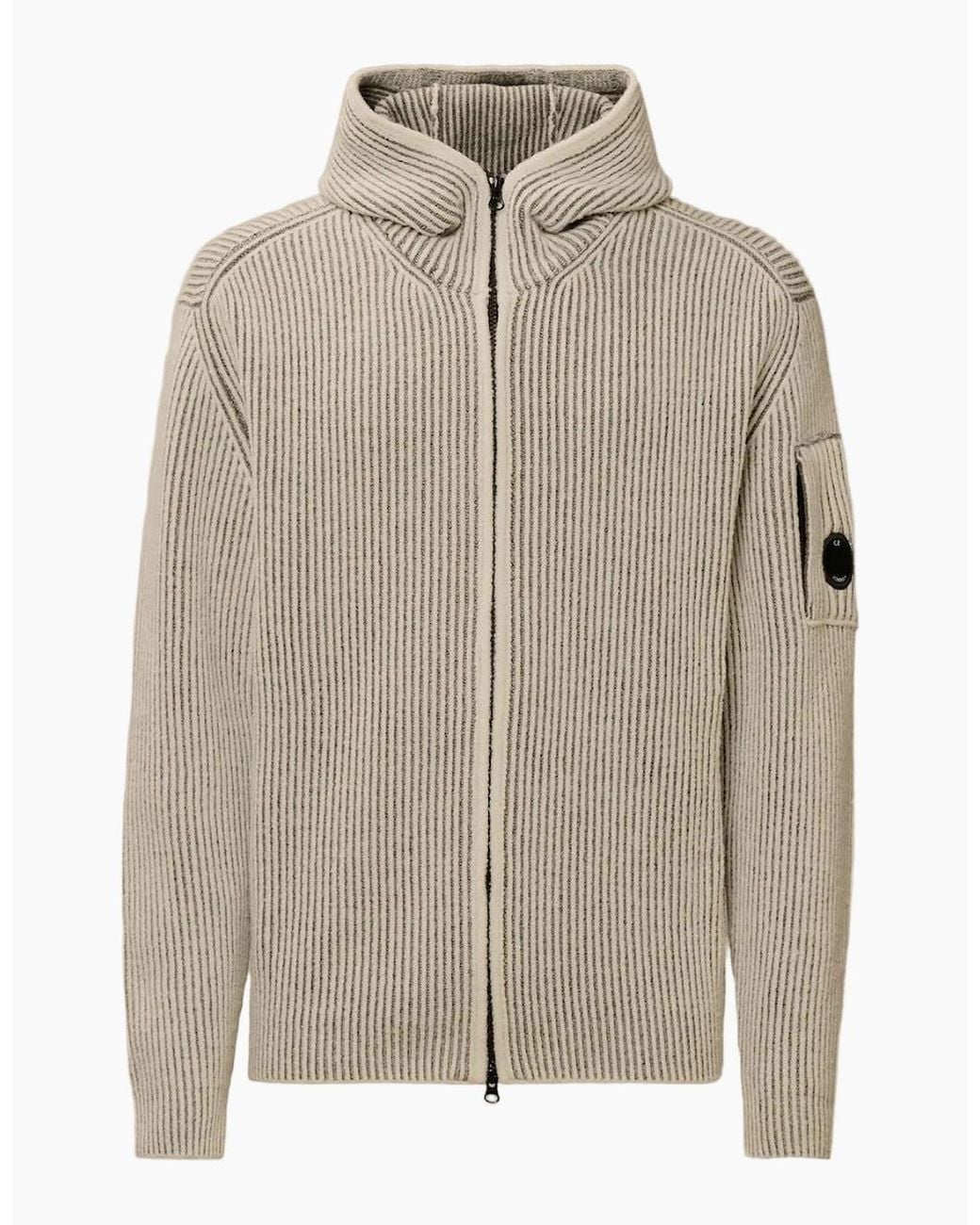 C P Company Gray Fleece Knit Zip Lens Hooded Cardigan for men
