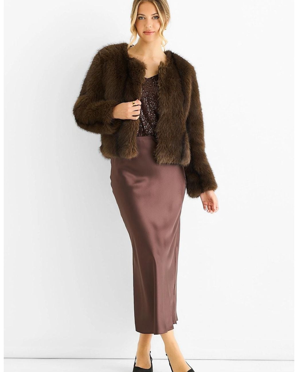 Gini London Brown Coffee Round Neck Faux Fur Cropped Jacket