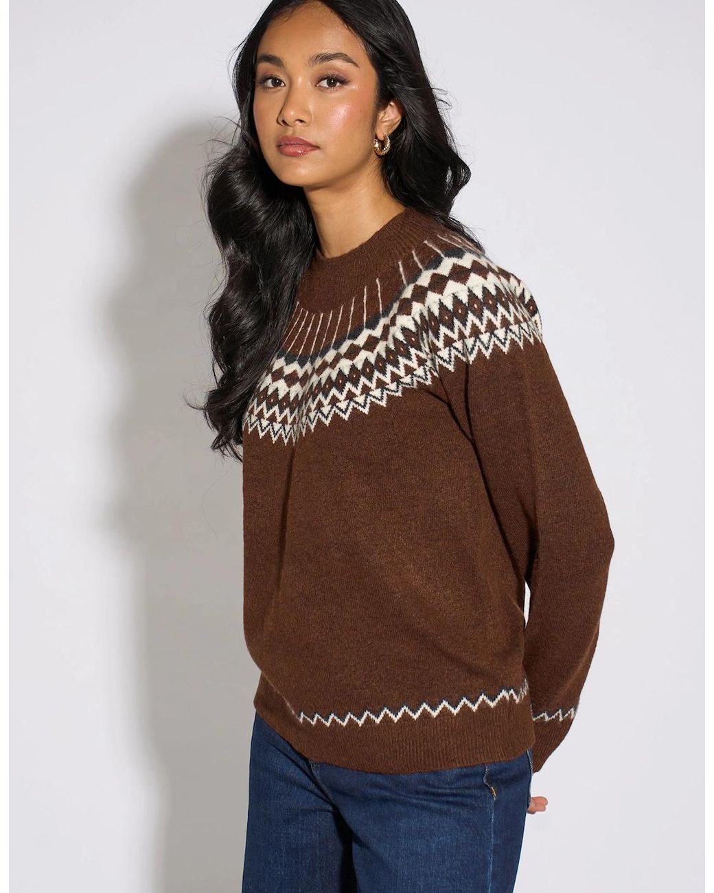 Gini London Brown Fair Isle Knit Jumper