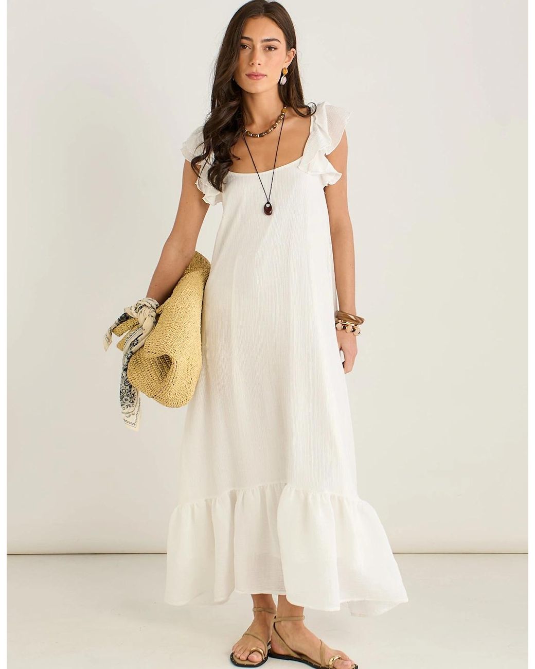 Gini London Natural Ruffle Short Sleeve Viscose Maxi Dress
