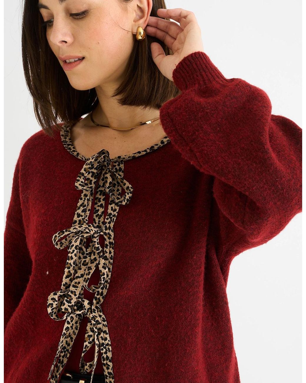 Gini London Red Burgundy Contrast Animal Tie Oversized Knit Cardigan