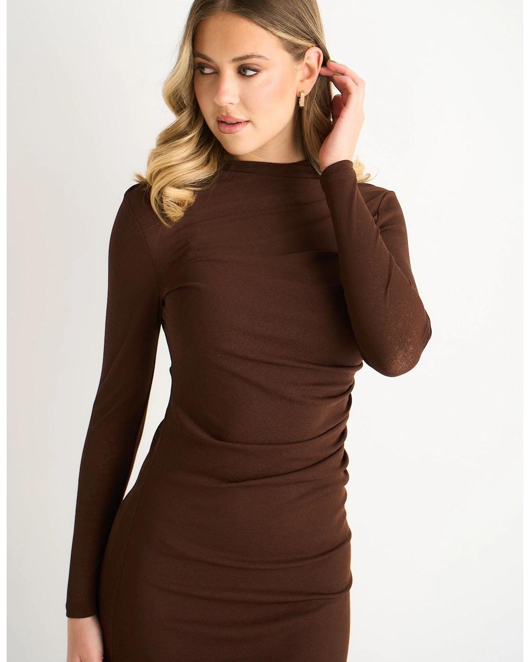 Gini London Brown Chocolate Ruched Jersey Long Sleeve Midi Dress