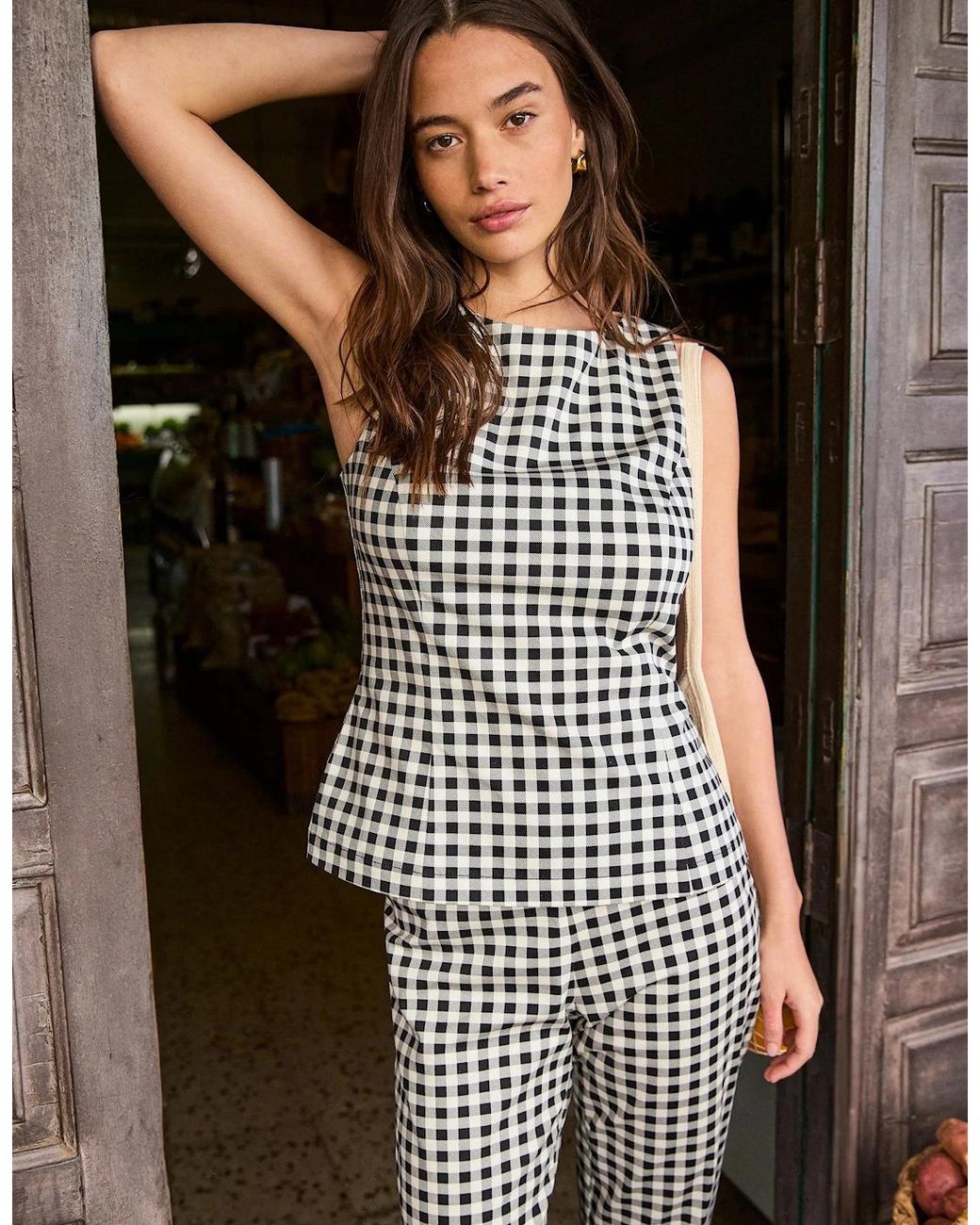 Ro&zo White And Ivory Gingham Cotton Peplum Top