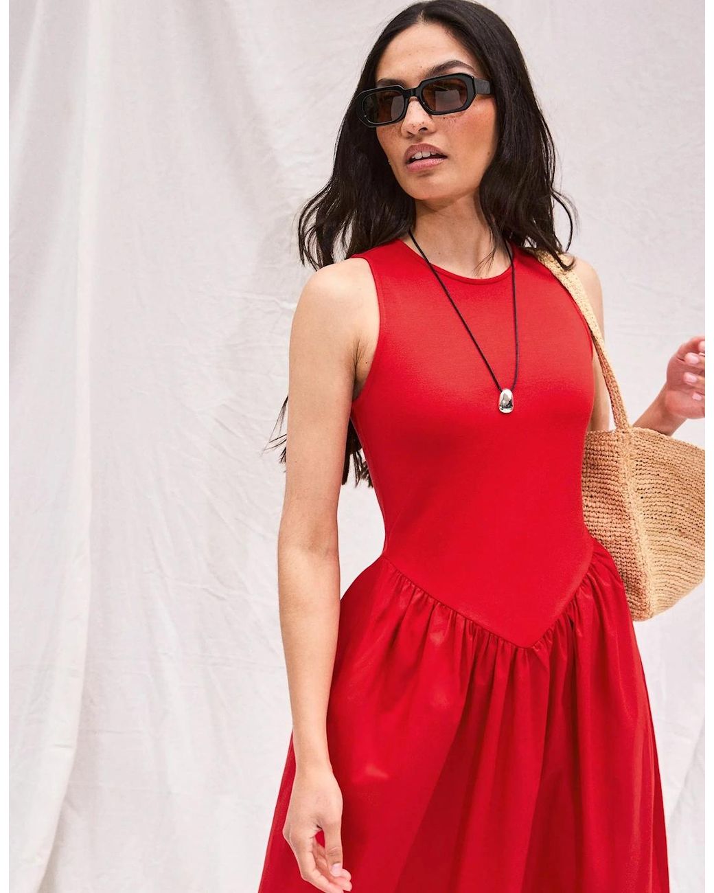 Ro&zo Red Jersey Bodice Midi Waisted Dress
