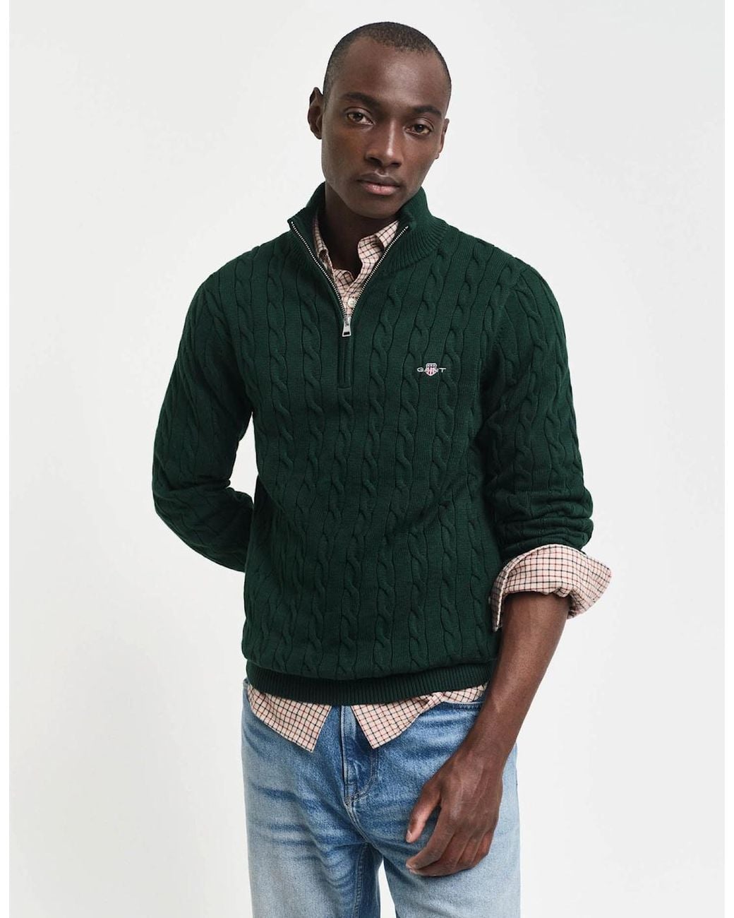 Gant Green Cotton Cable Half Zip Jumper for men