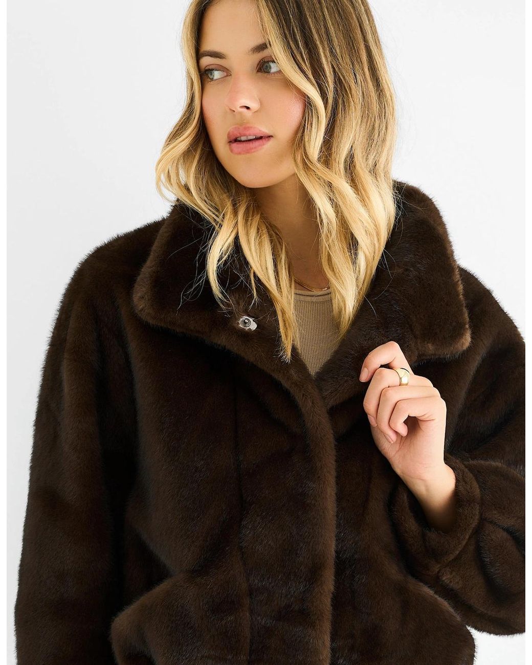 Gini London Blue Coffee Funnel Neck Button Up Faux Fur Jacket