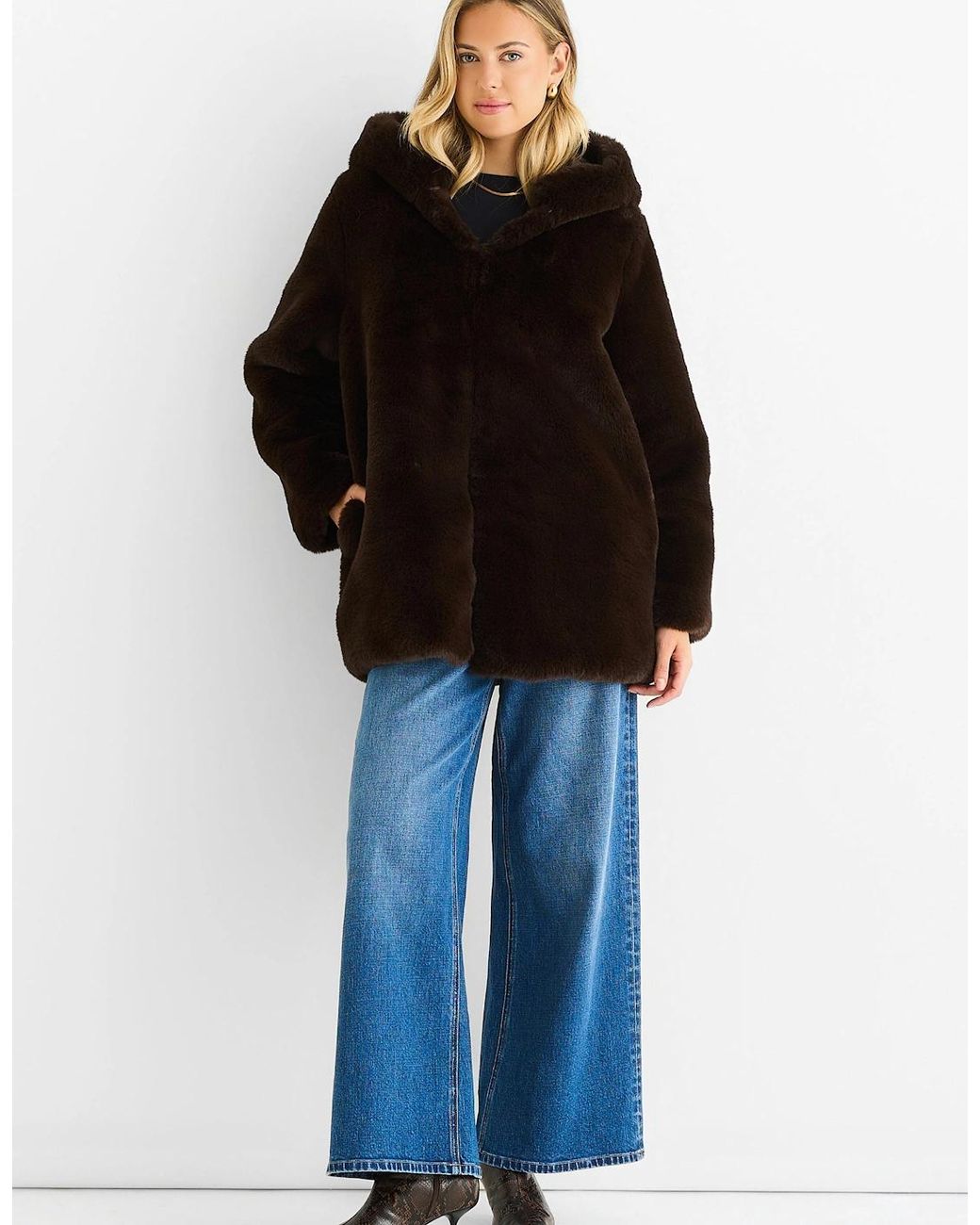 Gini London Black Chocolate Hooded Long Sleeve Faux Fur Jacket