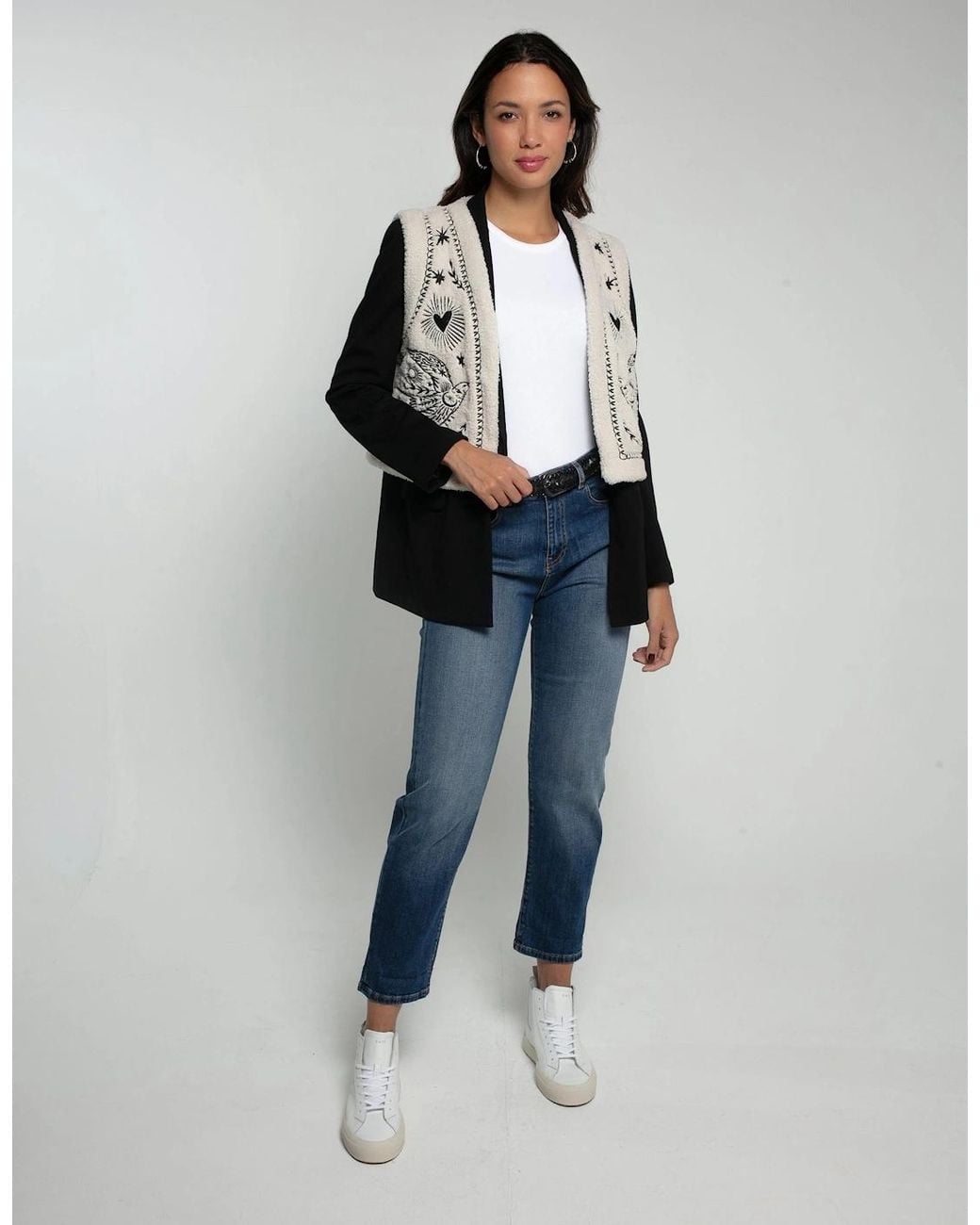 Nooki Design Blue Free Bird Embroidered Faux Shearling Gilet Cream
