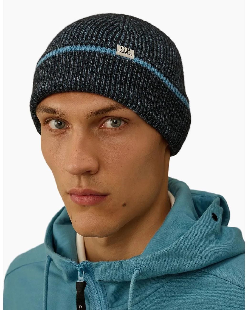 C P Company Blue Fleece Knit Logo Beanie for men