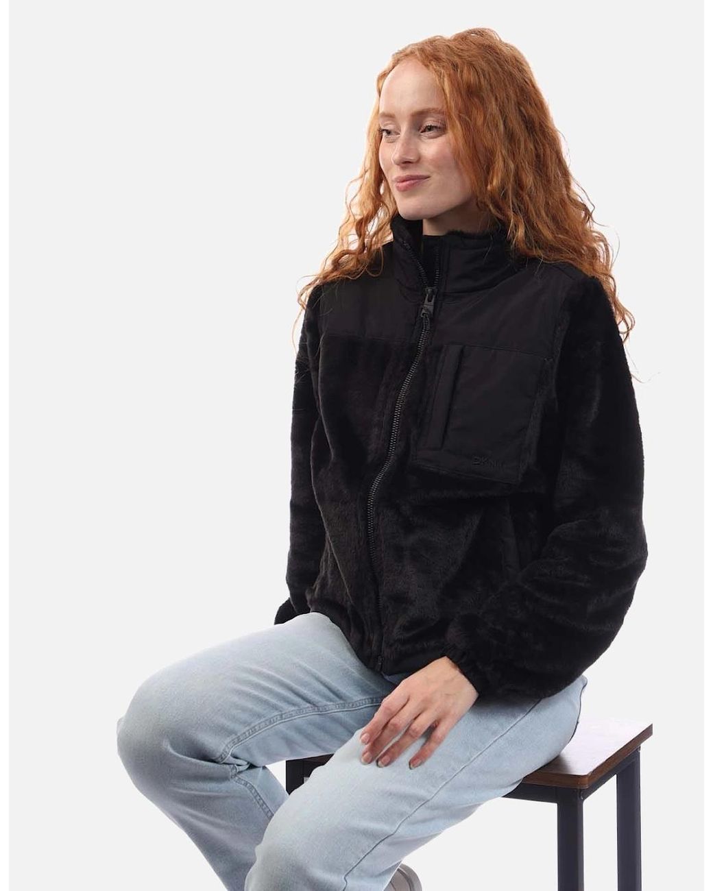 DKNY Black Full Zip Teddy Fur Transitional Jacket