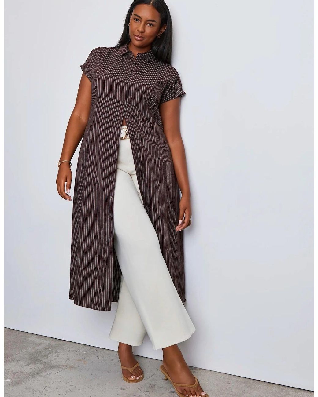 Live Unlimited London Brown Stripe Midaxi Shirt Dress