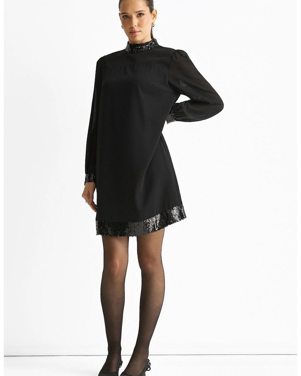 Gini London Black Sequin Trim High Neck Belted Mini Dress