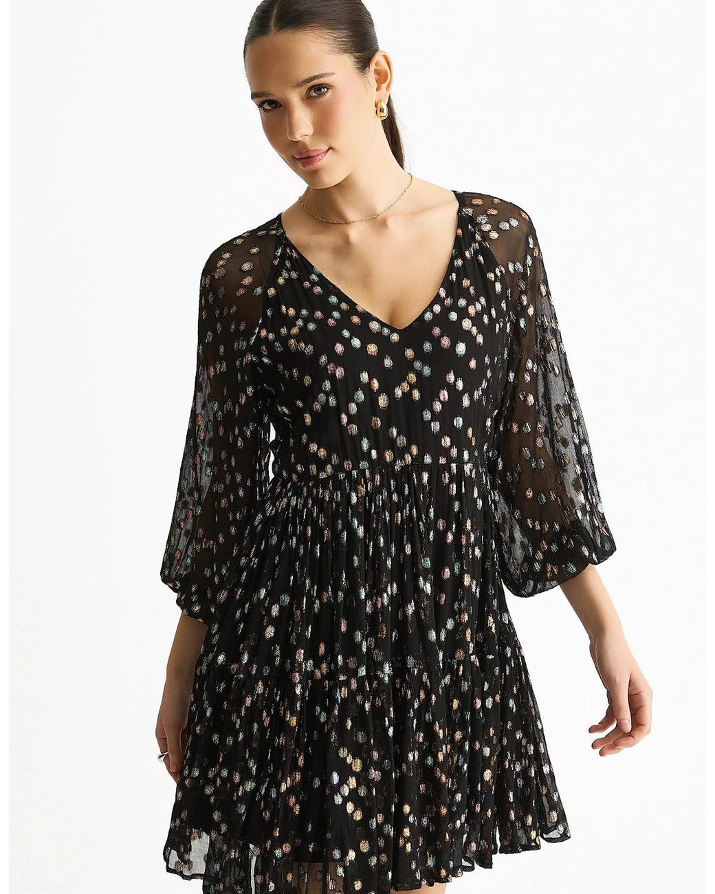 Gini London Black Multicolored Polka Dot Tiered Dress