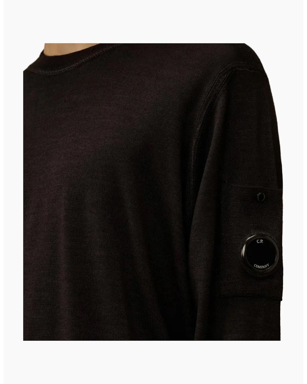 C P Company Black Merino Wool Crewneck Lens Knit for men