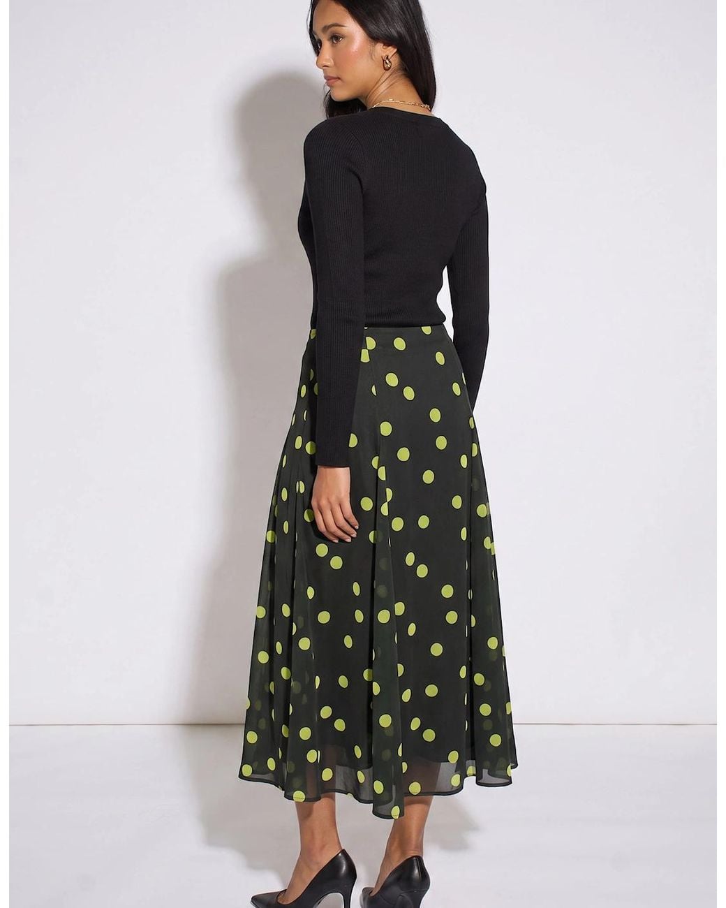 Gini London Black Lime Spot Satin Godet Midi Skirt