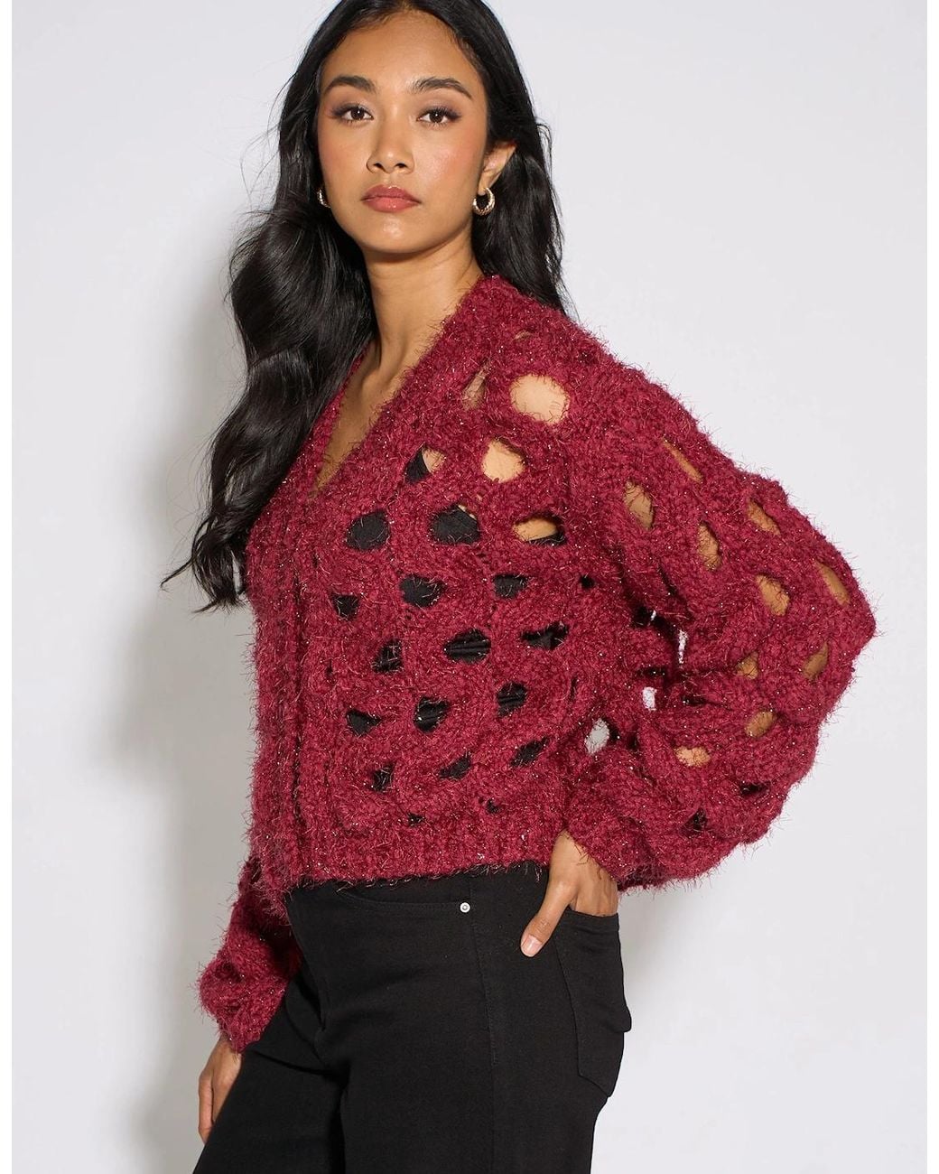 Gini London Red Cerise Hollow Chunky Knit Cardigan